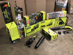Pallet with assorted Ryobi Outdoor tools various models and conditions see pictures