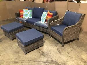 New Vultros Gray Wicker Outdoor Patio Conversation Seating Set with Blue Cushions review pictures