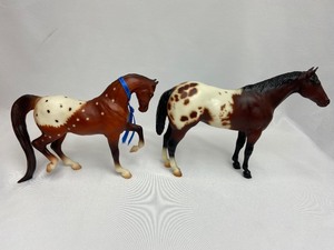 lot 45 image: Vintage Breyer #265 Spice Appaloosa Silky Sullivan B Ranch Classic with Ribbon & # 859 Family Appaloosa Stallion - Stud Spider Mold 1992 - 1994