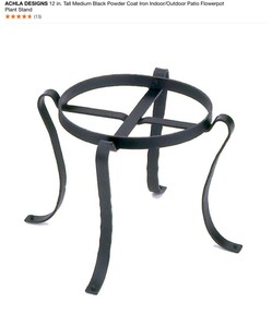 lot 1 image: (2) ACHLA DESIGNS 12 in. Tall Medium Black Powder Coat Iron IndoorOutdoor Patio Flowerpot Plant Stand. See Pictures