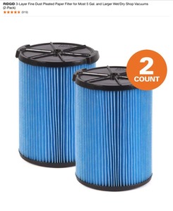 lot 36 image: RIDGID 3-Layer Fine Dust Pleated Paper Filter for Most 5 Gal. and Larger WetDry Shop Vacuums (2-Pack). See Pictures