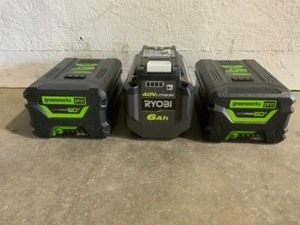 lot 40 image: Greenworks PRO 60V 2.5 Ah4.0 Ah Batteries & RYOBI 40V 6.0 Ah Battery. Various Conditions. See Pictures
