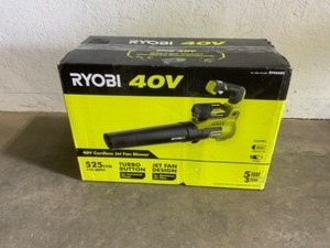 lot 41 image: RYOBI 40V 110 MPH 525 CFM Cordless Battery Variable-Speed Jet Fan Leaf Blower with 4.0 Ah Battery and Charger. See Pictures