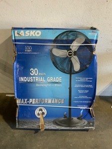 lot 49 image: Lasko Max Performance 30 in. Industrial Grade Oscillating Pedestal Fan with Wheels. See Pictures