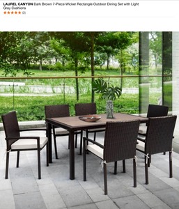 lot 58 image: LAUREL CANYON Dark Brown 7-Piece Wicker Rectangle Outdoor Dining Set with Light Gray Cushions. See Pictures