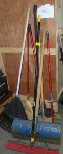 Lot of Brooms, shovel, rake