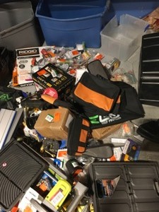 lot 15 image: Mix lot of Small Tools and Other Garage Items - included tile saws for parts, Ridgid shop tools and batteries and chargers