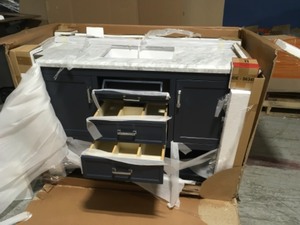 lot 27 image: Home Decorators Collection Everett 49 in. W x 22 in. D Vanity Cabinet in Aegean Blue with Carrara Marble Vanity Top in White with White Basin - Good Condition - Review all pictures