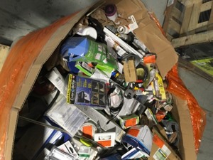 lot 48 image: Pallet with Assorted Tools, Plumbing, Hardware, Lights and Misc All Costumers Returns see Pics