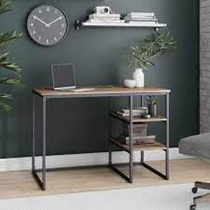 Nathan James Carson 42 in. Oak Industrial Desk for Small Home Office Computer or Work Desk WShelves Sturdy Black Matte Metal Frame
