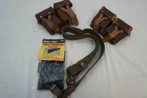 lot 58 image: vintage rifle clip ammo belts, rifle sling and new rifle cartridge holder