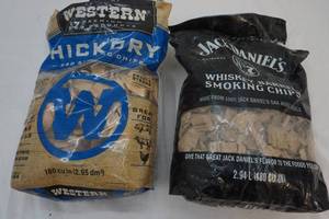 lot 63 image: Jack Daniels whiskey barrel smoking chips and Western Hickory smoking chips