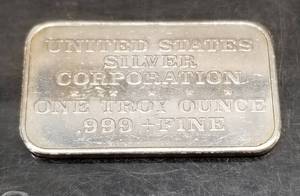 1 TROY OZ .999 FINE SILVER BAR VINTAGE US SILVER CORP