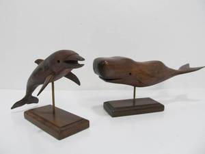 Vintage Hand Carved Folk Art Whale &amp Dolphin Sculptures