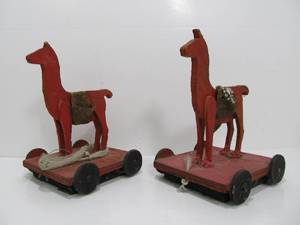 Pair of Old Vintage Folk Art Horse Pull Toys