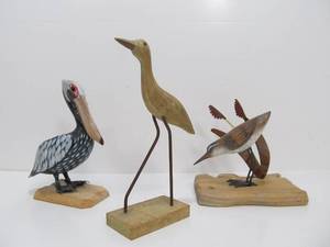 3 Hand Carved Folk Art Wooden Shore Bird Carvings