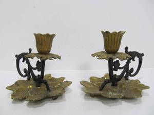 Pair of Old Vintage Signed Brass &amp Iron Grape Cluster Candle Holders