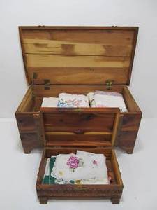 2 Smaller Cedar Chests Full of Vintage Hankies Towels etc