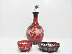 Vintage 1930s Era Bohemian Ruby Cut-To-Clear Glass Bowls &amp Decanter