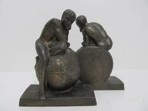 Set of Vintage Sculptural Bookends - Man Sitting on World