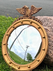 Vintage 1940s Gilt Wood Federal Style Convex Glass Eagle Wall Mirror