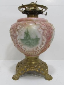 Antique Painted Glass Oil Lamp wShip