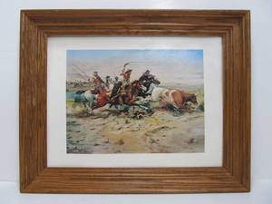 Charles Russell Roping a Steer Framed Canvas Print 19 x 15