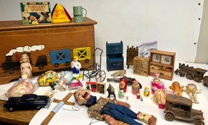 Large Great Estate Lot of Vintage Toys in Wooden Toy chest