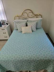 lot 30 image: Complete Bed Set-Full Bed with Gorgeous Brass Headboard, Full Mattress, Bedding, and Pillows