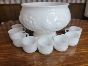 lot 103 image: Mid-Century Modern Jeannette Glass Company Milk Glass Punch Bowl Set-Never UsedIN Original BoxBowl and 8 Cups