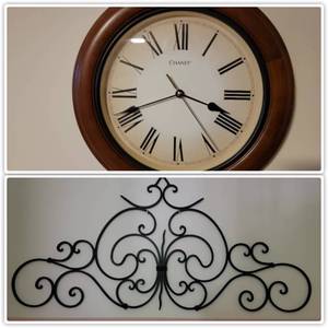 lot 79 image: Clock  and Wrought Iron Wall Hanging