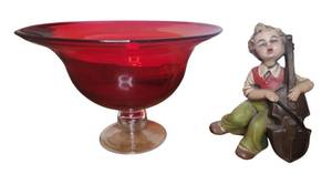 lot 80 image: Rare Signed Vintage 7.5 Boy with Cello Figurine and 11.5 Red Hand-Blown Glass Bowl