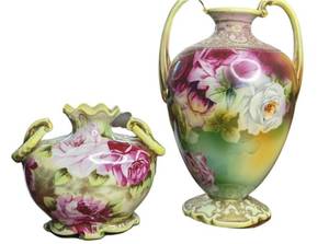 lot 122 image: Stunning Vintage 1920s Hand-Painted Morimura Gumi Nippon footed Vases- One Signed