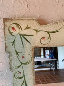 lot 12 image: DISTRESSED AND DECORATIVELY PAINTED FRAME WITH MIRROR