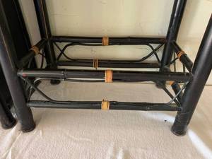 lot 38 image: BAMBOO WOOD AND RAFFIA TABLE AND STAND