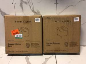 Lot of 2 Payton Foldable Cube Storage Ottoman Footrest and Seat with Beige Fabric by Nathan James Customer Returns See Pictures
