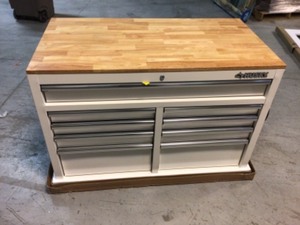 Husky 46 in. W x 24.5 in. D Standard Duty 9-Drawer Mobile WorkbenchTool Chest with Solid Wood Top in Gloss White Customer Returns See Pics