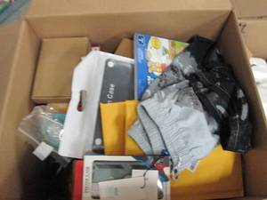 lot 44 image: box of tablet covers, skids swim sh...