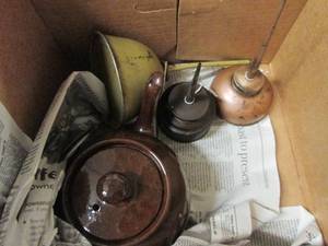 lot 83 image: vintage oil cans and bean pot and m...