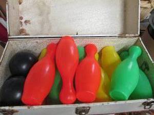 lot 90 image: metal chest with kids bowling pins ...