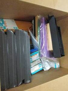 lot 126 image: box of desk organizers, binder clip...