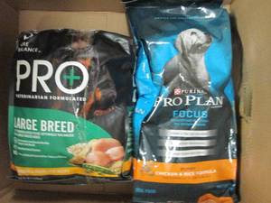 lot 150 image: box of bags of dog food and treats ...