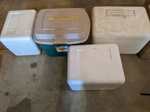 lot 251 image: 3 Styrofoam coolers and a 23 gallon...