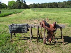 lot 62 image: Tooled Leather Horseback Riding Saddle and Saddle blanket. Barrel Rider.