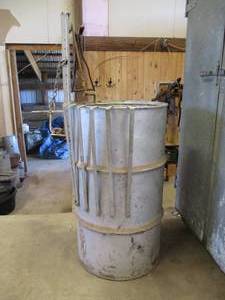 lot 80 image: Metal Dip BarrelTank for Horse Tack & Equipment with 8 tools to remove items from tank.