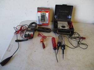 lot 101 image: Lot of Meters and Supplies Digital Multimeter, Clamp meter, Maytag Meter
