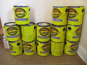 lot 129 image: Lot of 13-1 Gallon Cans of Cabot White Acrylic Siding Stain. 