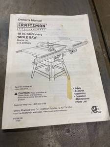 lot 72 image: Craftsman 10 Inch Stationary Table Saw Model 315.228590