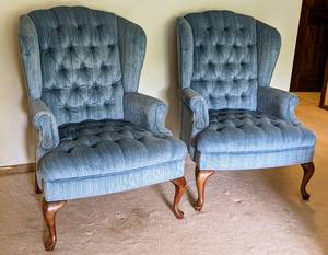 lot 34 image: Pair of Blue Upholstered Armchairs
