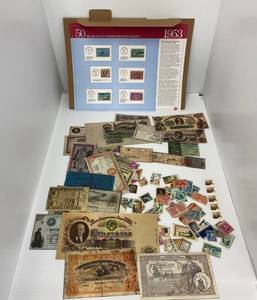 Vintage Stamps And Photocopies Of Foreign Currency